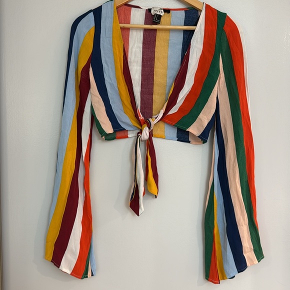 MOVING SALE Forever21 Cropped Multicolor Striped Flare Bell Sleeve Front Tie Top - Picture 1 of 9